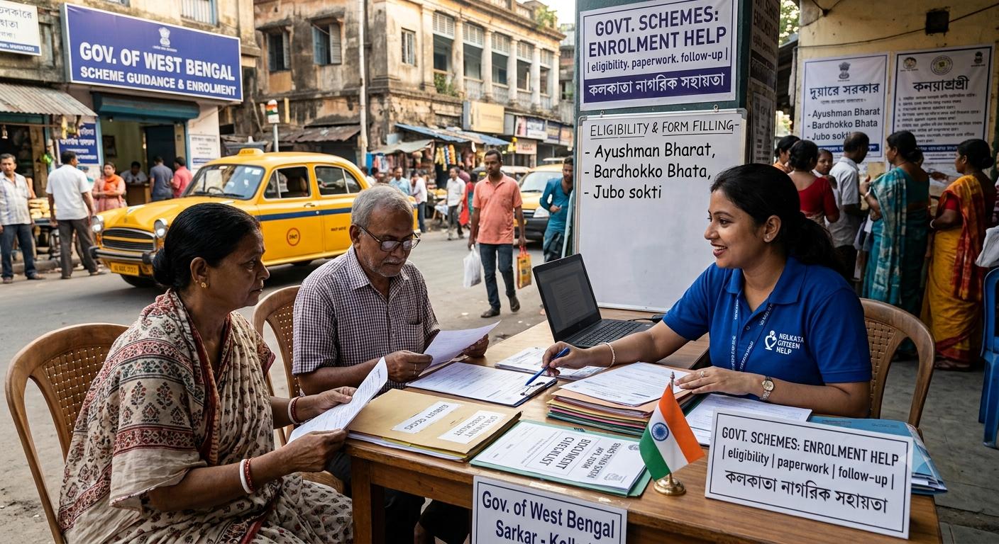 Volunteer guiding a resident through a government scheme application